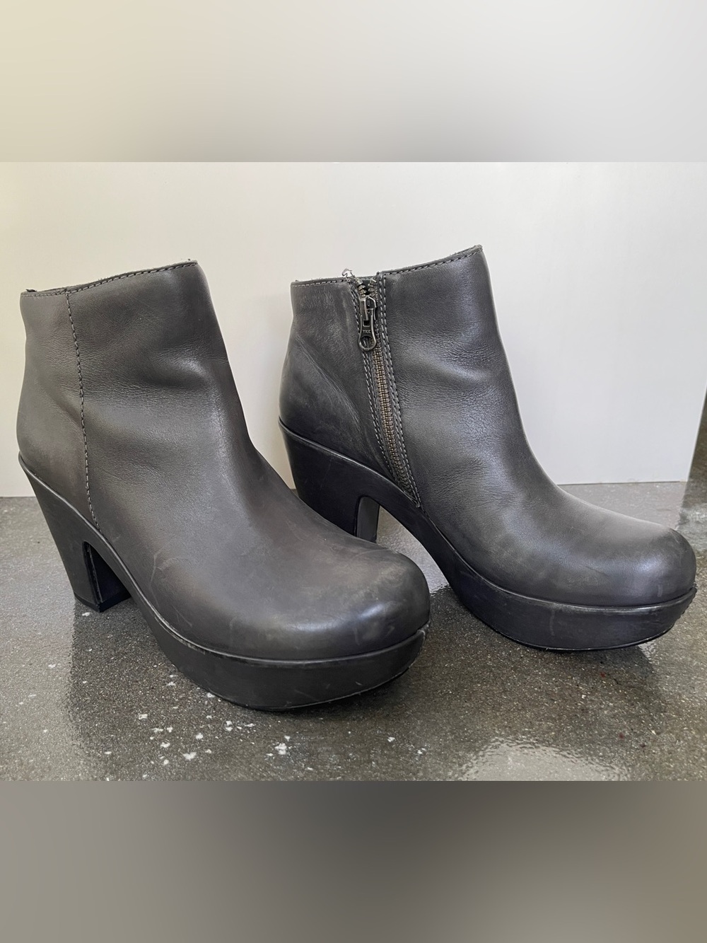 Kork-Ease Dark Grey Platform Ankle Booties with Side Zip.
